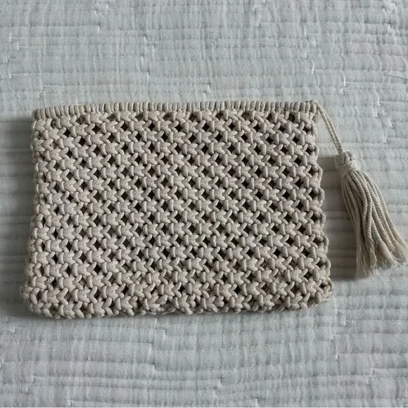 Boho Crochet Cream Macramé Clutch Bag Festival Zipper Purse Summer - Picture 3 of 13